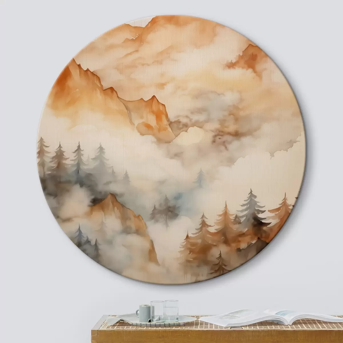 Quadri rotondi Foresta e montagne imitazione dell'acquerello, tonalità arancione r42119