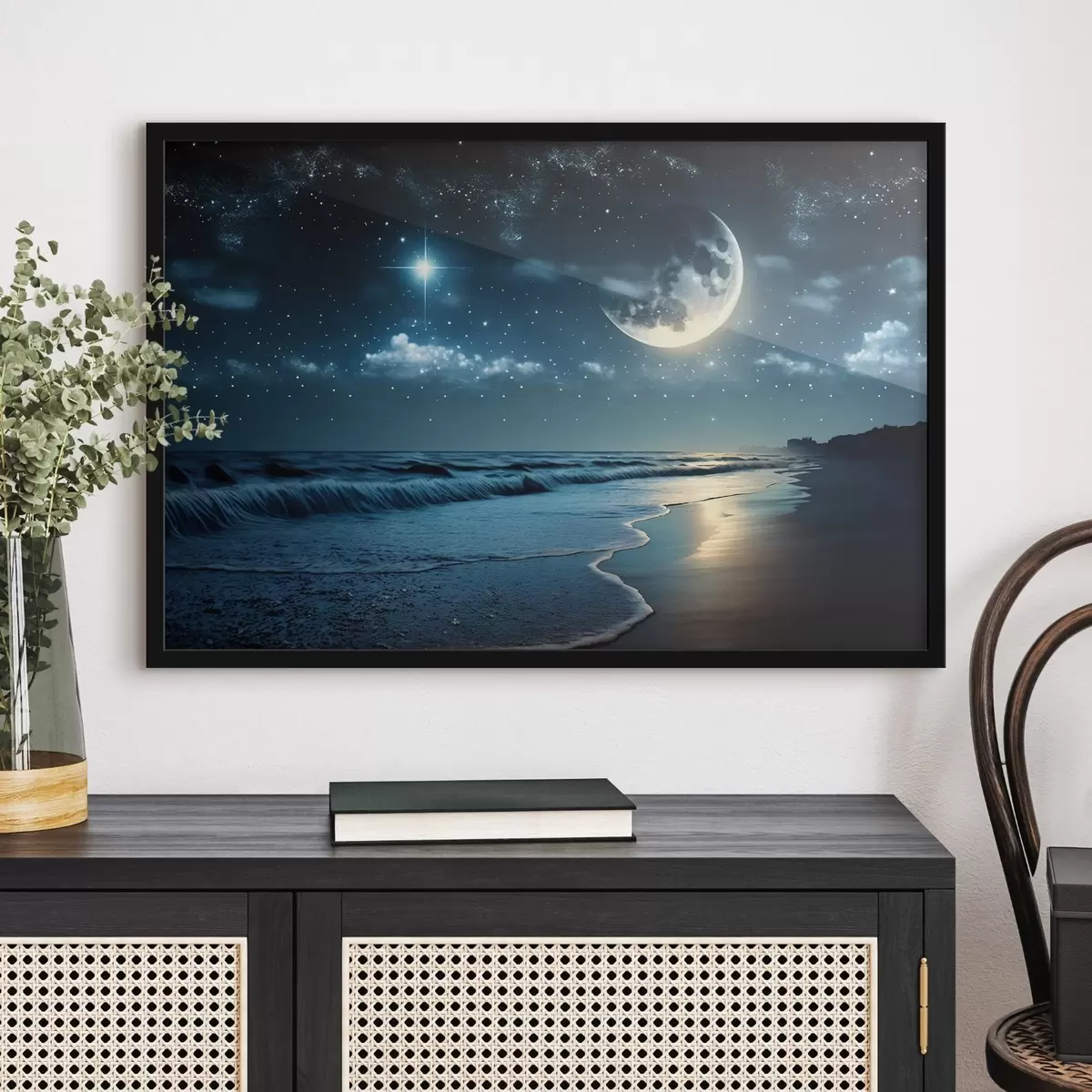 Poster Un'enorme luna sul mare notturno f31111