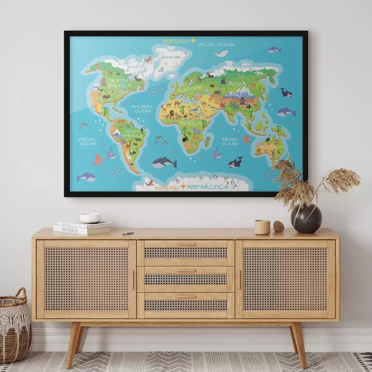 Poster Mappa dei continenti con animali f32105
