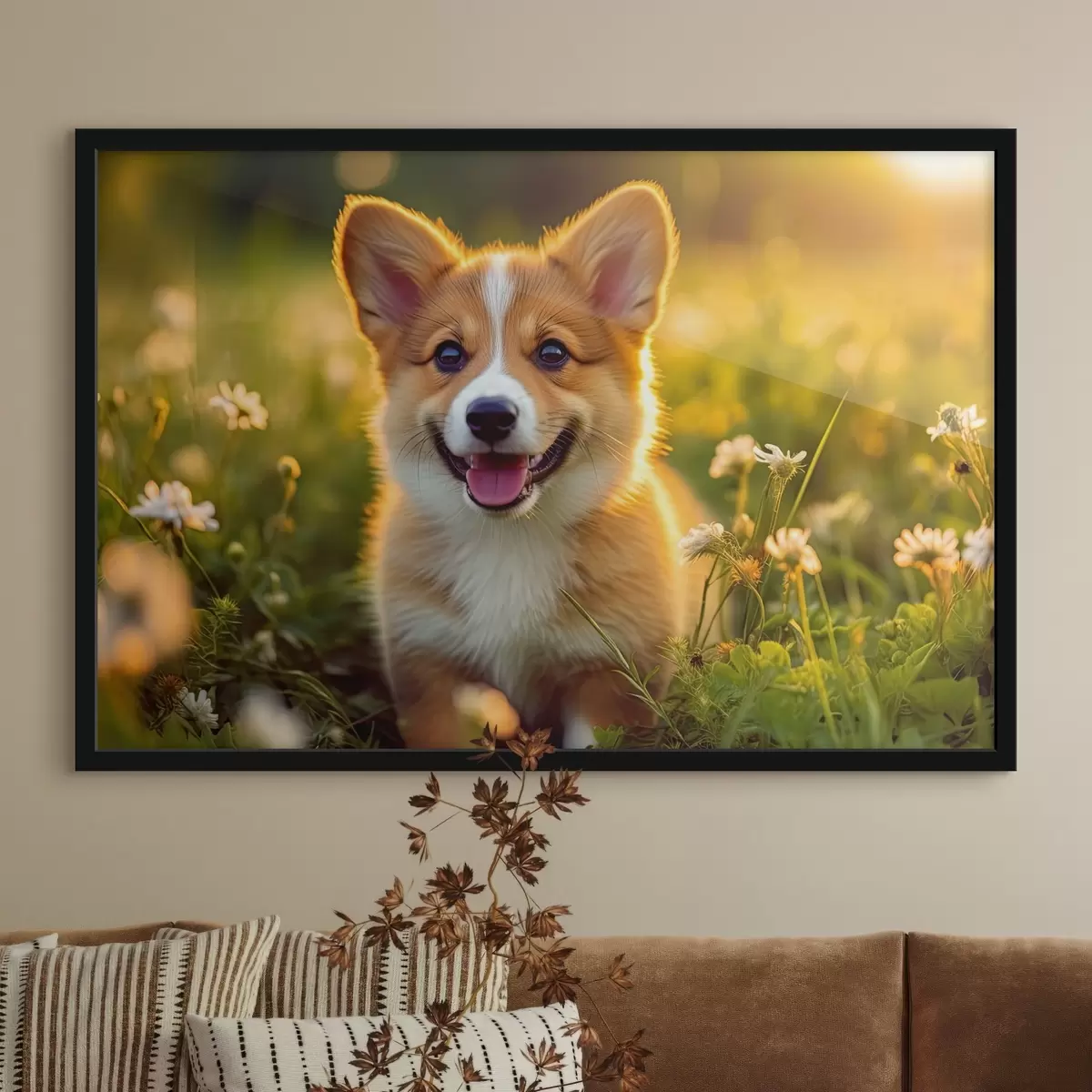 Poster Cucciolo di Corgi tra i fiori di campo f33532