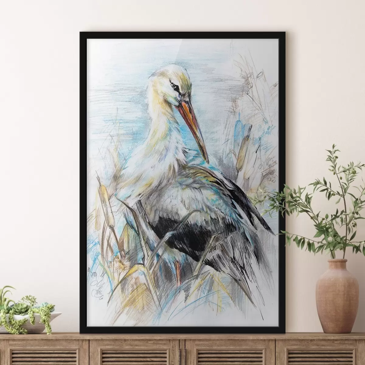 Poster Cicogna vicino all'acqua tra le piante secche f34607