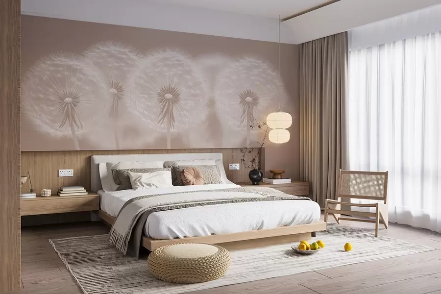 Carta da parati Floreale Delicati denti di leone rosa su uno sfondo naturale rosa n. w08498v1