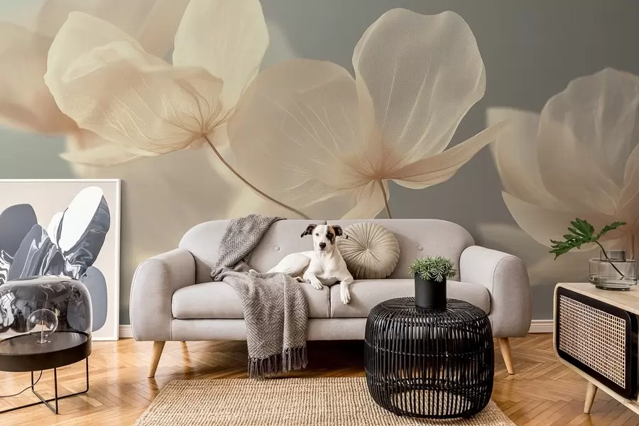 Carta da parati Floreale Petali di loto, una composizione delicata con sfondo grigio n. w08500v2