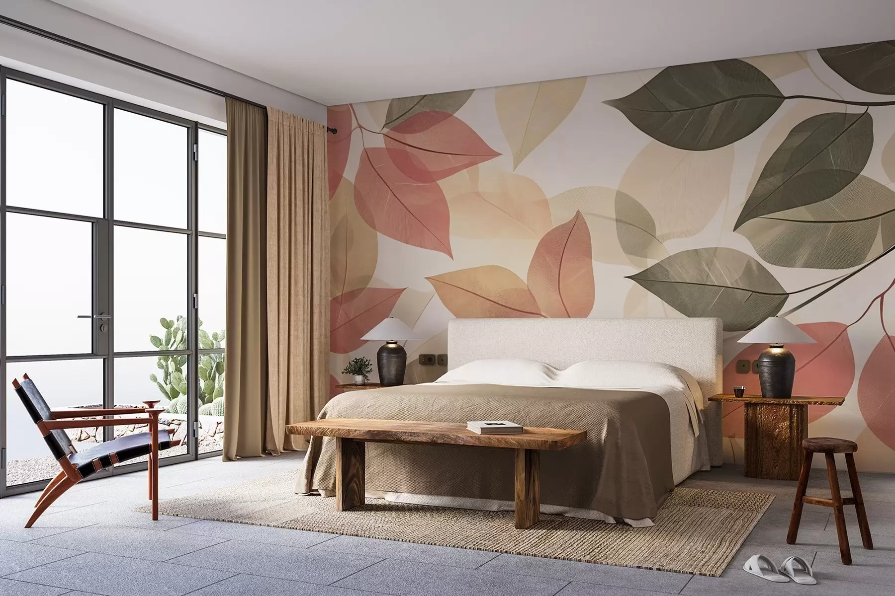 Carta da parati nature Rami di foglie nei toni del rosso e del verde 