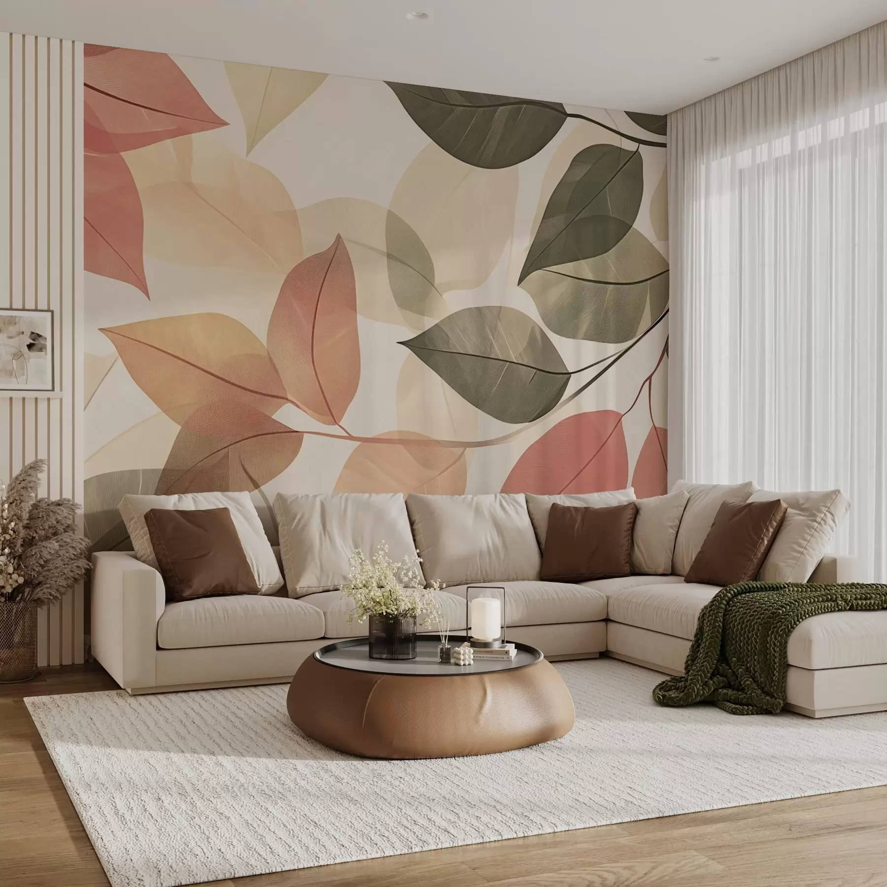 Carta da parati nature Rami di foglie nei toni del rosso e del verde 