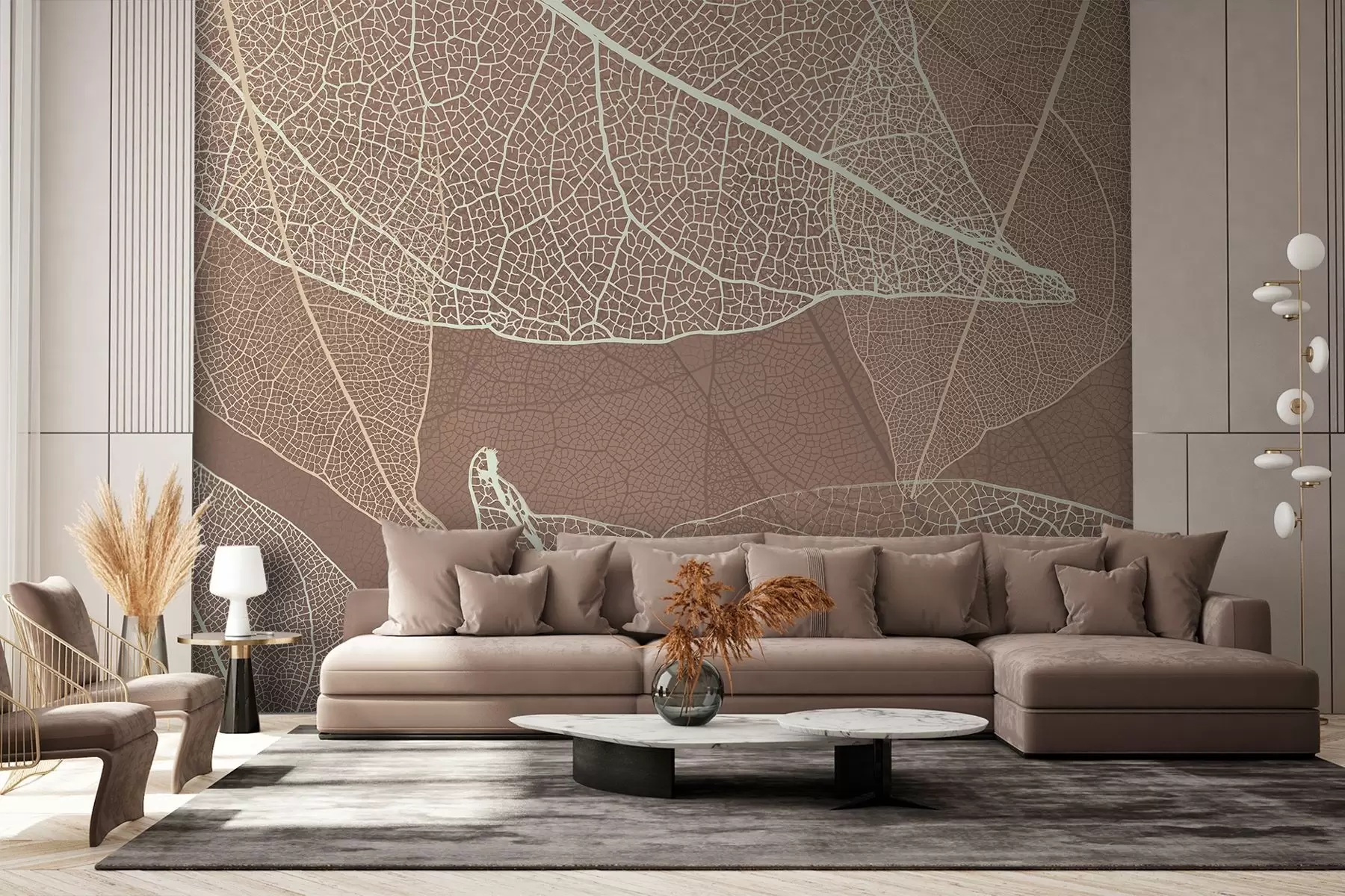 Carta da parati nature primo piano di foglie con venature color cioccolato chiaro 