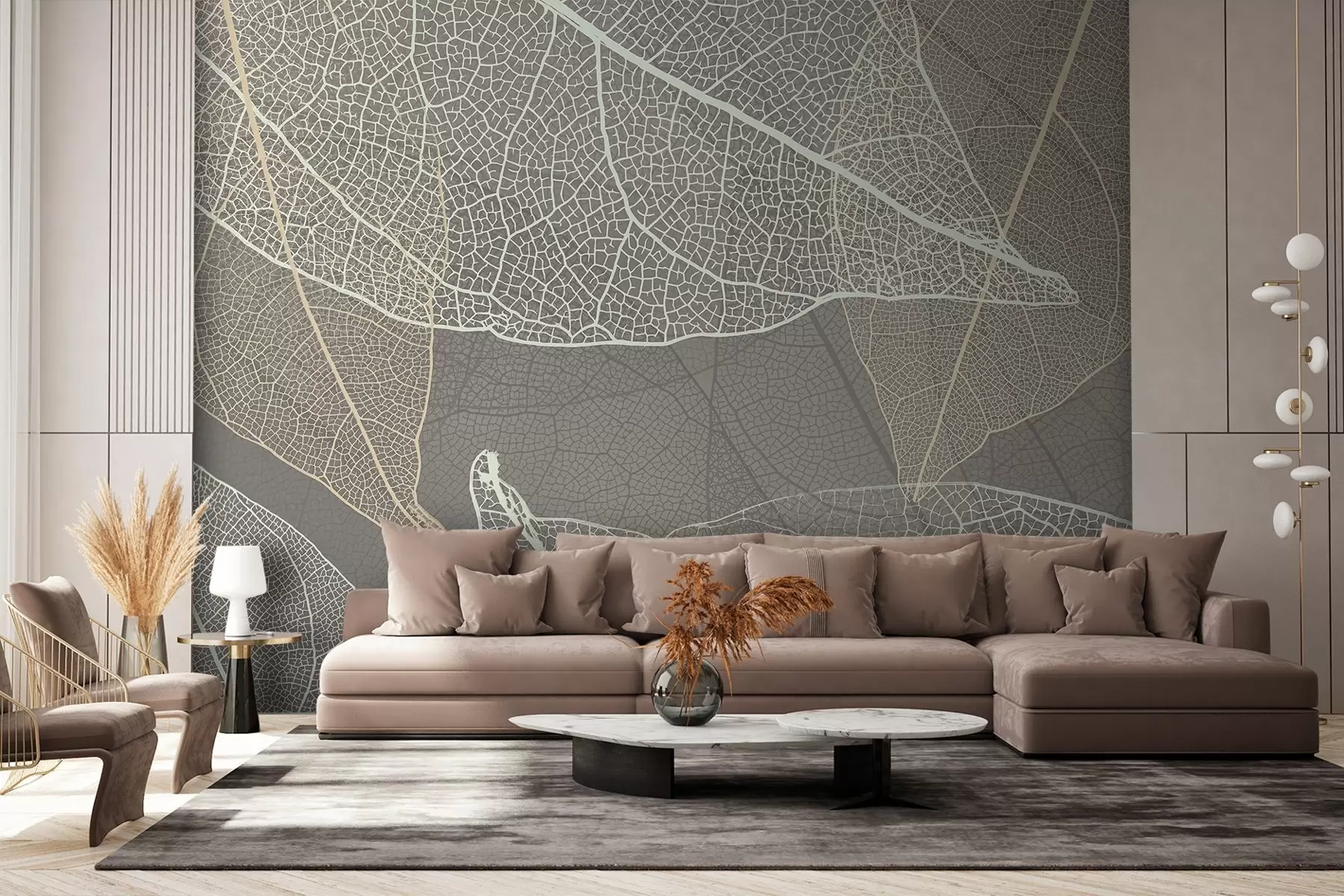 carta da parati primo piano di foglie con venature nei toni caldi del grigio nr. w02520v2