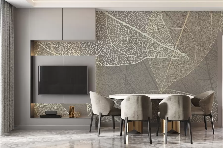 carta da parati primo piano di foglie con venature nei toni caldi del grigio nr. w02520v2