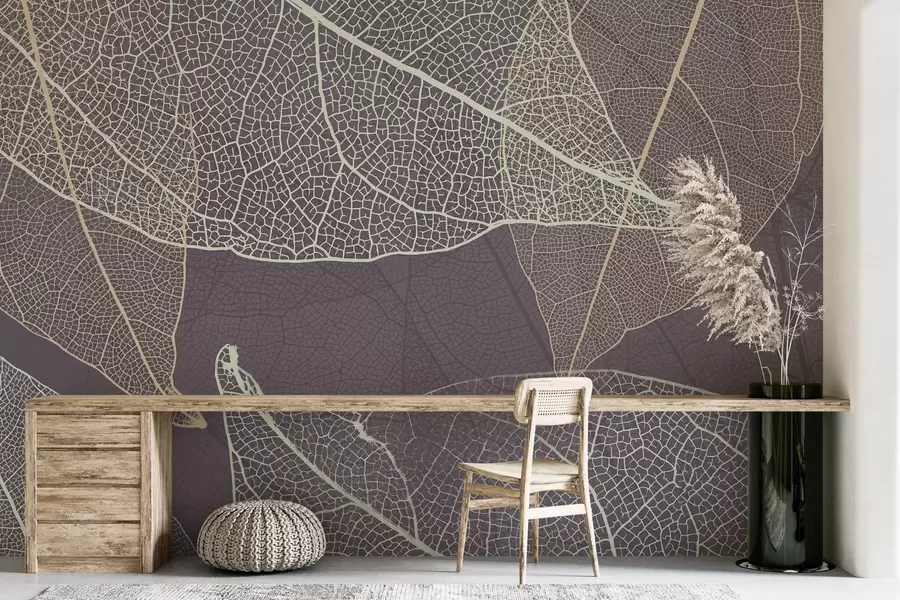 carta da parati primo piano di foglie con venature nei toni del grigio-viola nr. w02520v3