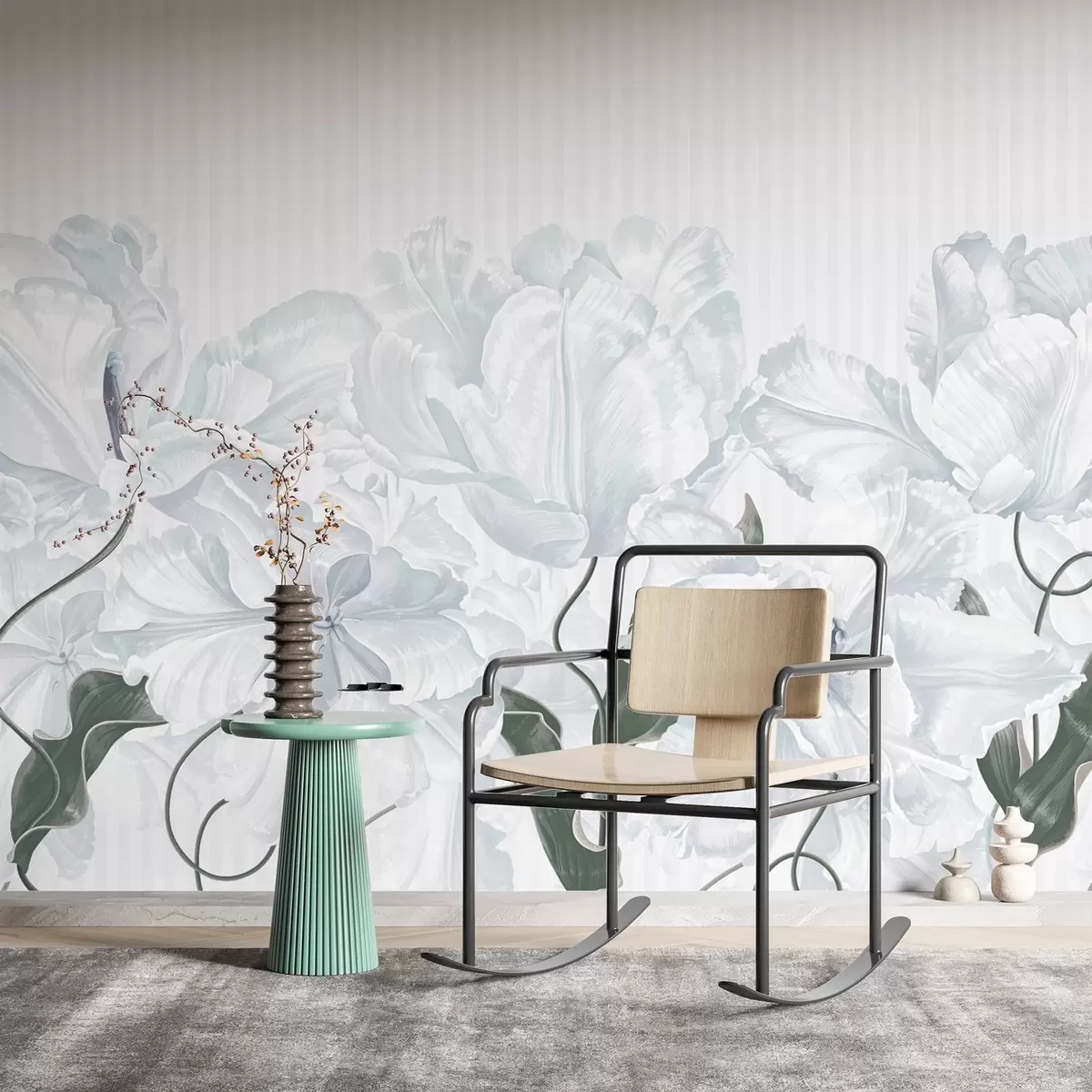 carta da parati delicati fiori grigi su sfondo a righe nr. w02565v1