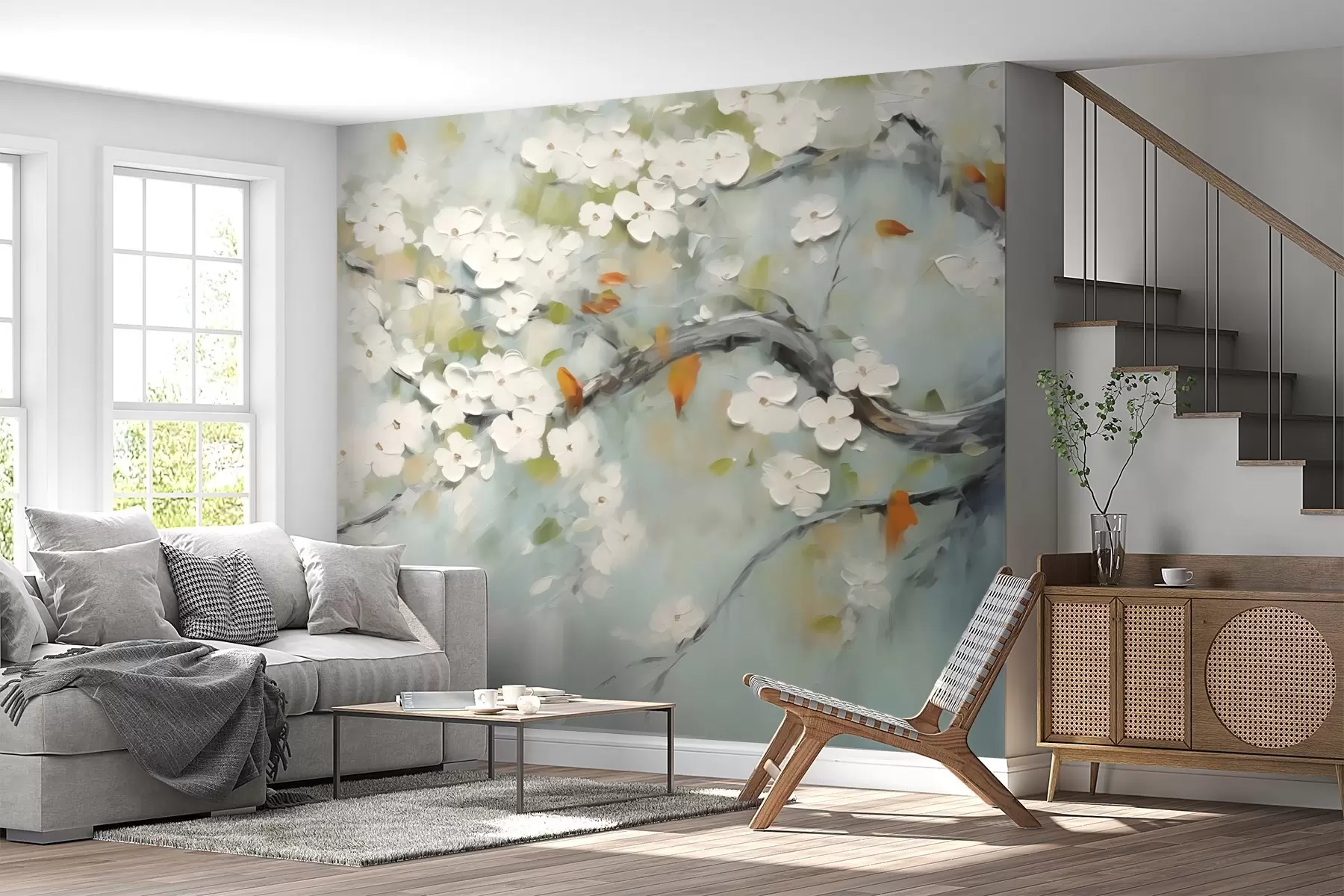Carta da parati nature Ramo con fiori bianchi a imitazione di pennellate di pittura 