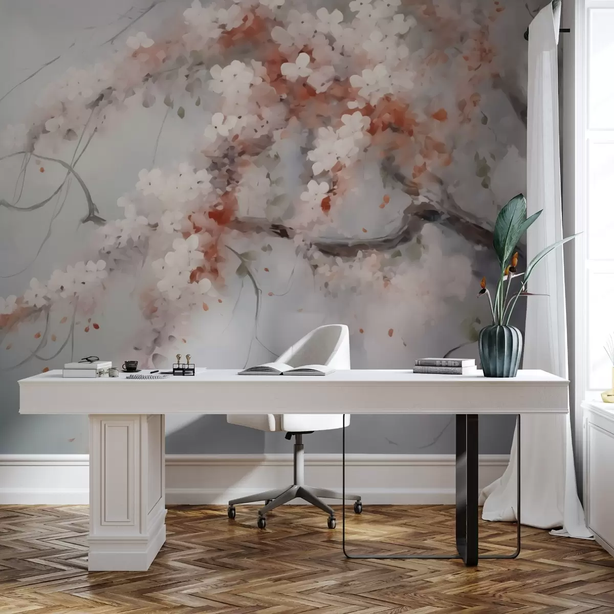 carta da parati Ramo astratto con fiori bianchi e rossi imitazione della pittura nr. w02594