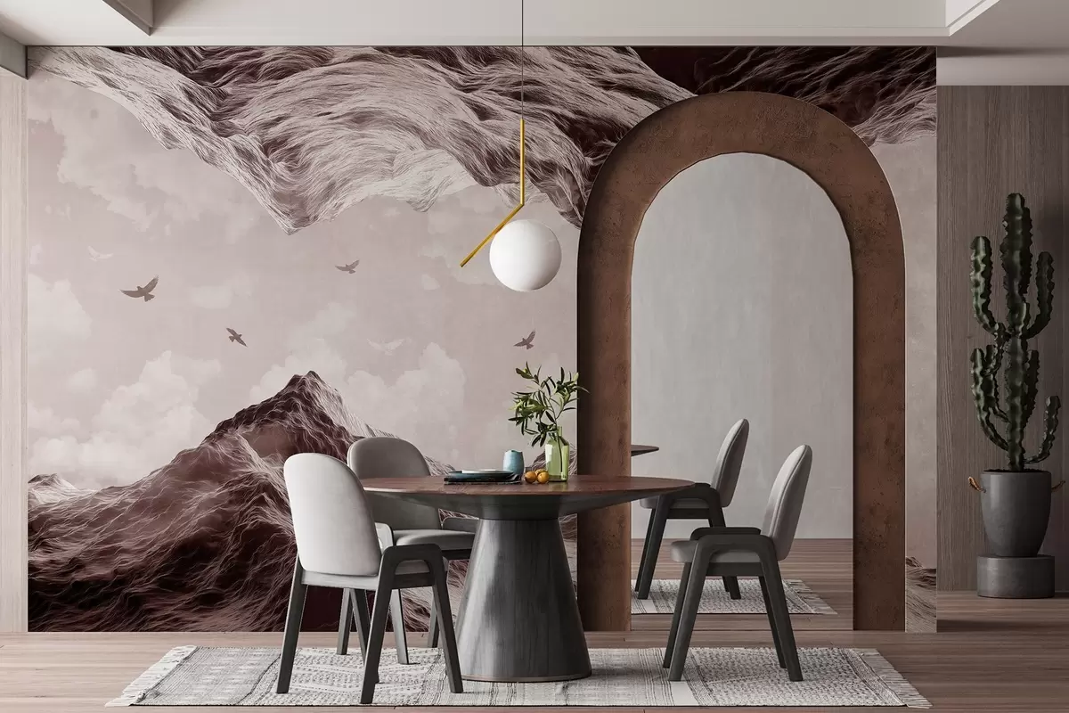 carta da parati Paesaggio montano, realismo, uccelli in volo, natura, nuvole, colori marroni nr. w02514v2