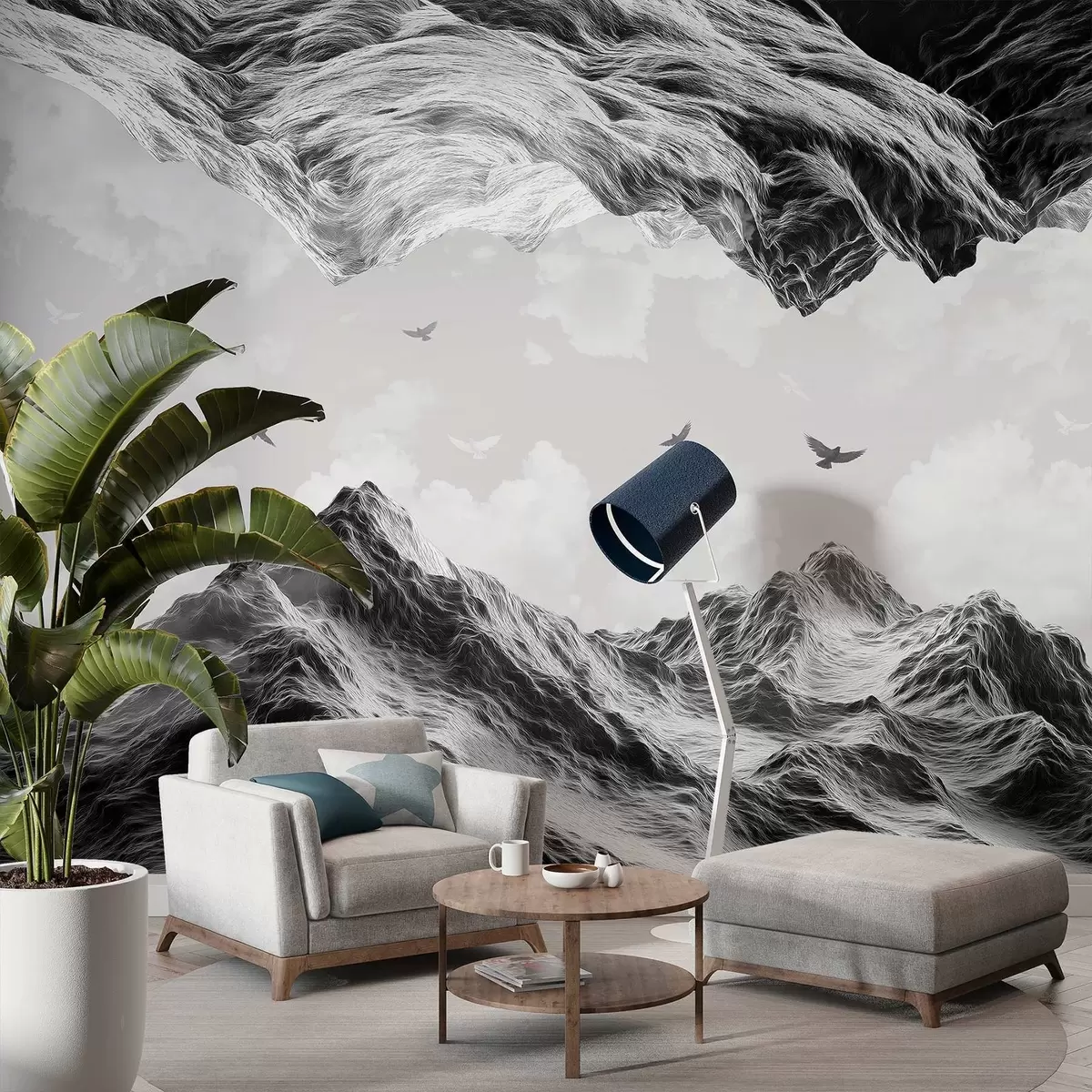 carta da parati Paesaggio montano, realismo, uccelli in volo, natura, nuvole, colori in bianco e nero nr. w02514