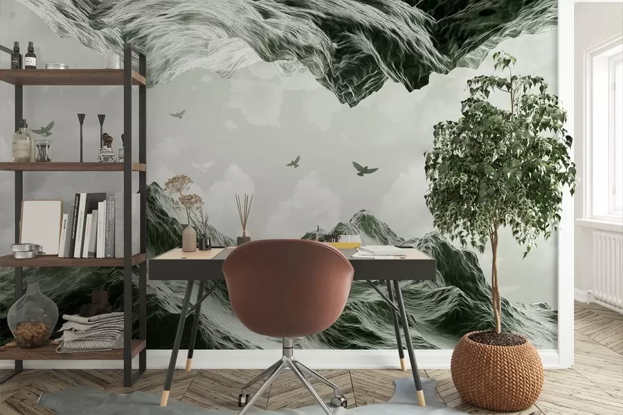 carta da parati Paesaggio montano, realismo, uccelli in volo, natura, nuvole, colori verdi nr. w02514v3