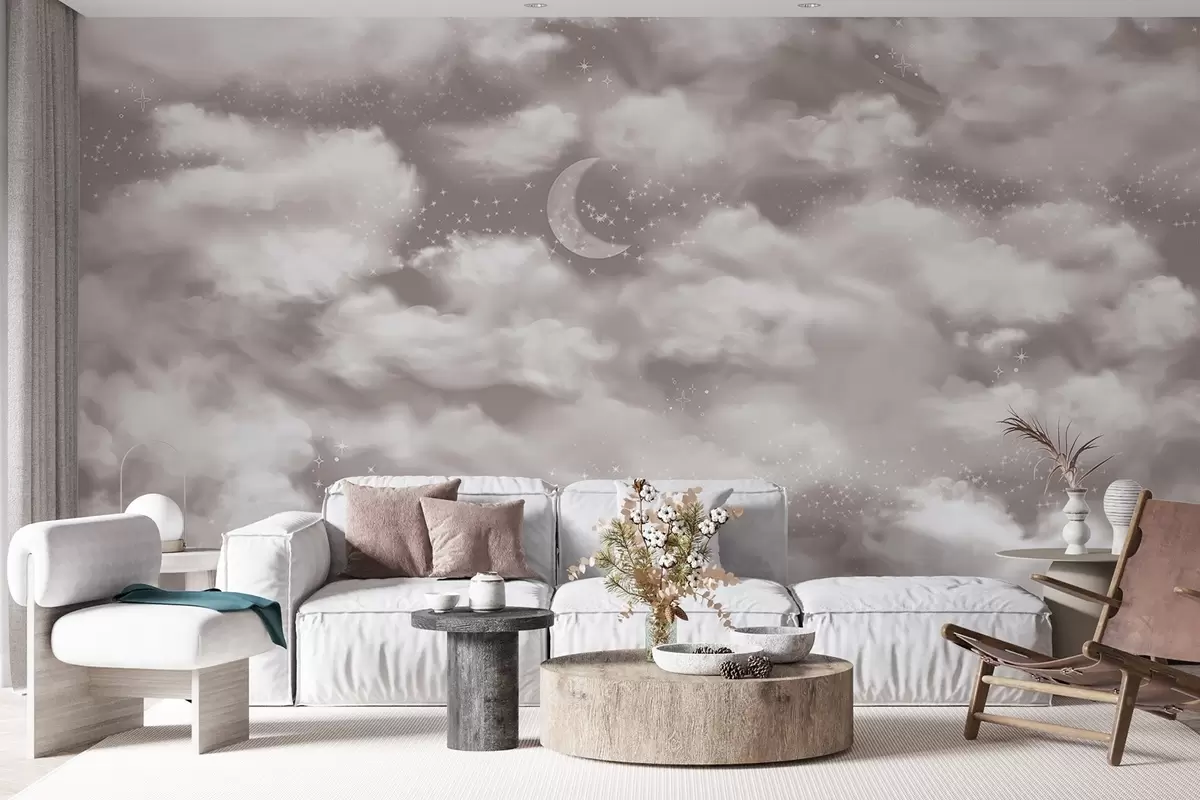 carta da parati Cielo stellato con luna e nuvole, sognante, etereo, colori beige tenui nr. w02515