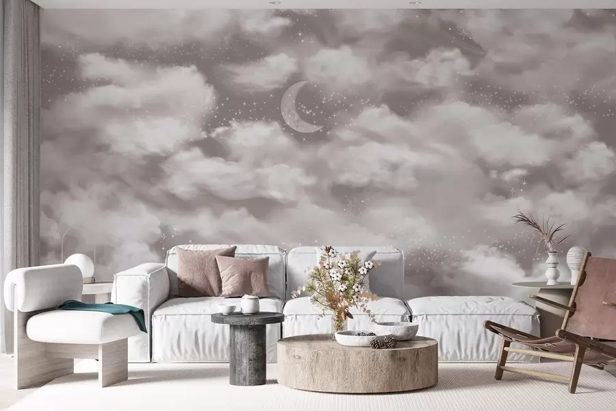 carta da parati Cielo stellato con luna e nuvole, sognante, etereo, colori beige tenui nr. w02515