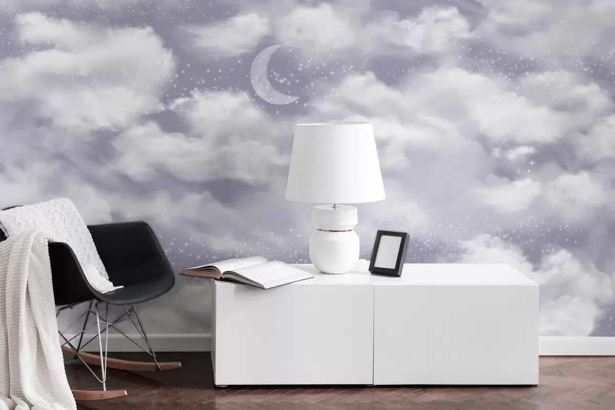 carta da parati Cielo stellato con luna e nuvole, sognante, etereo, colori viola tenui nr. w02515v4