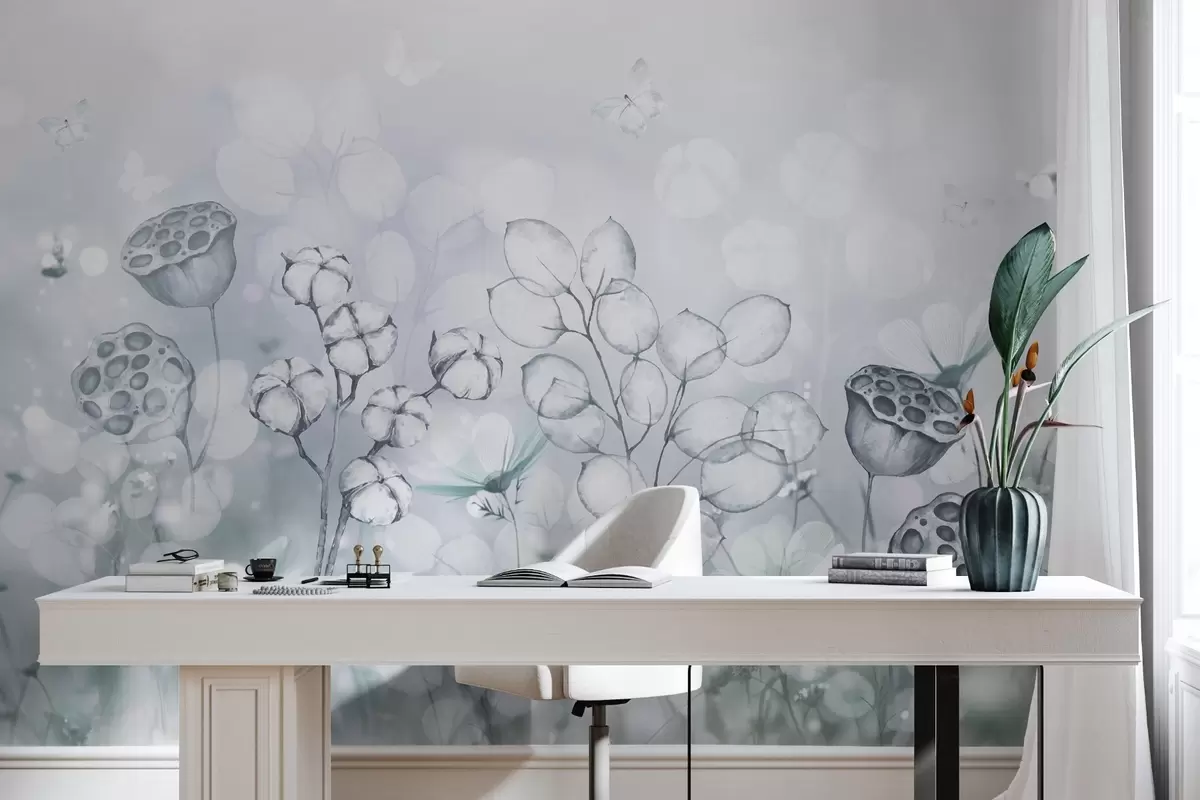 carta da parati Giardino fiorito da sogno, farfalle, fiori di cotone, loti, colori grigi nr. w02516v2