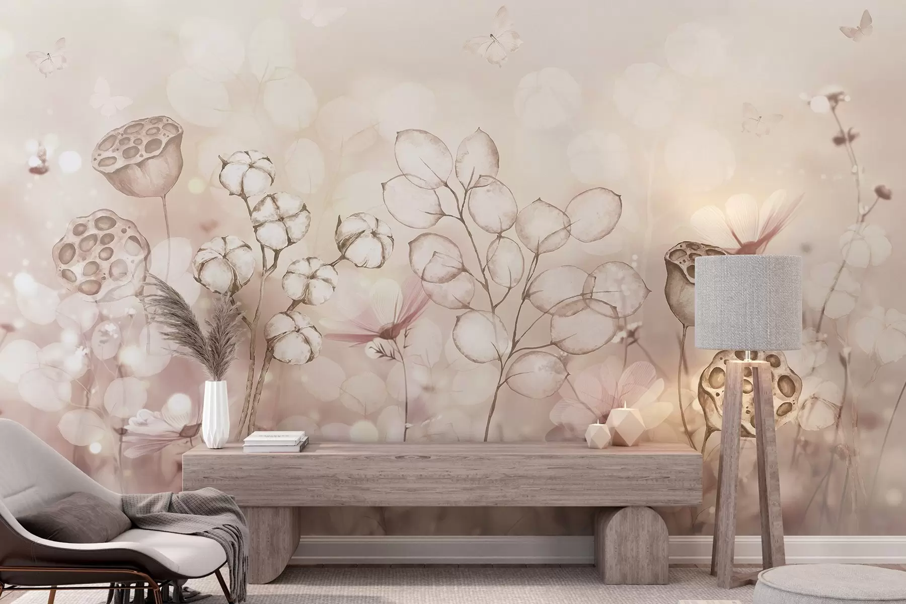 Carta da parati Floreale Giardino fiorito sognante, farfalla, fiori di cotone, loti, colori beige n. w02516v3