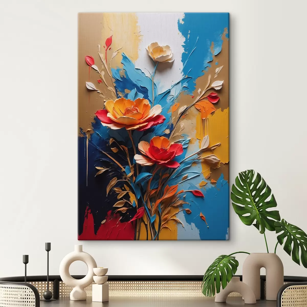 carta da parati Fiori su sfondo astratto multicolore in stile pittura ad olio nr. s41769