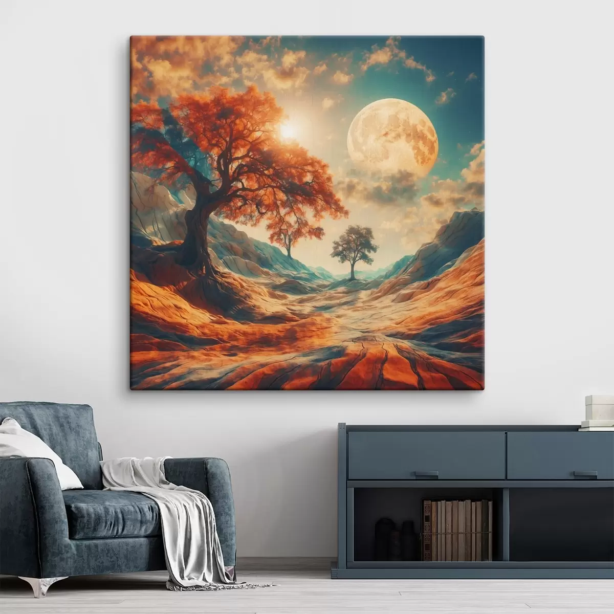 carta da parati Alberi e montagne su un enorme sfondo lunare nr. s41774