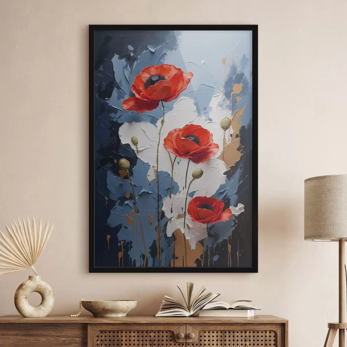 Poster Papaveri su sfondo astratto multicolore in stile pittura ad olio f41765