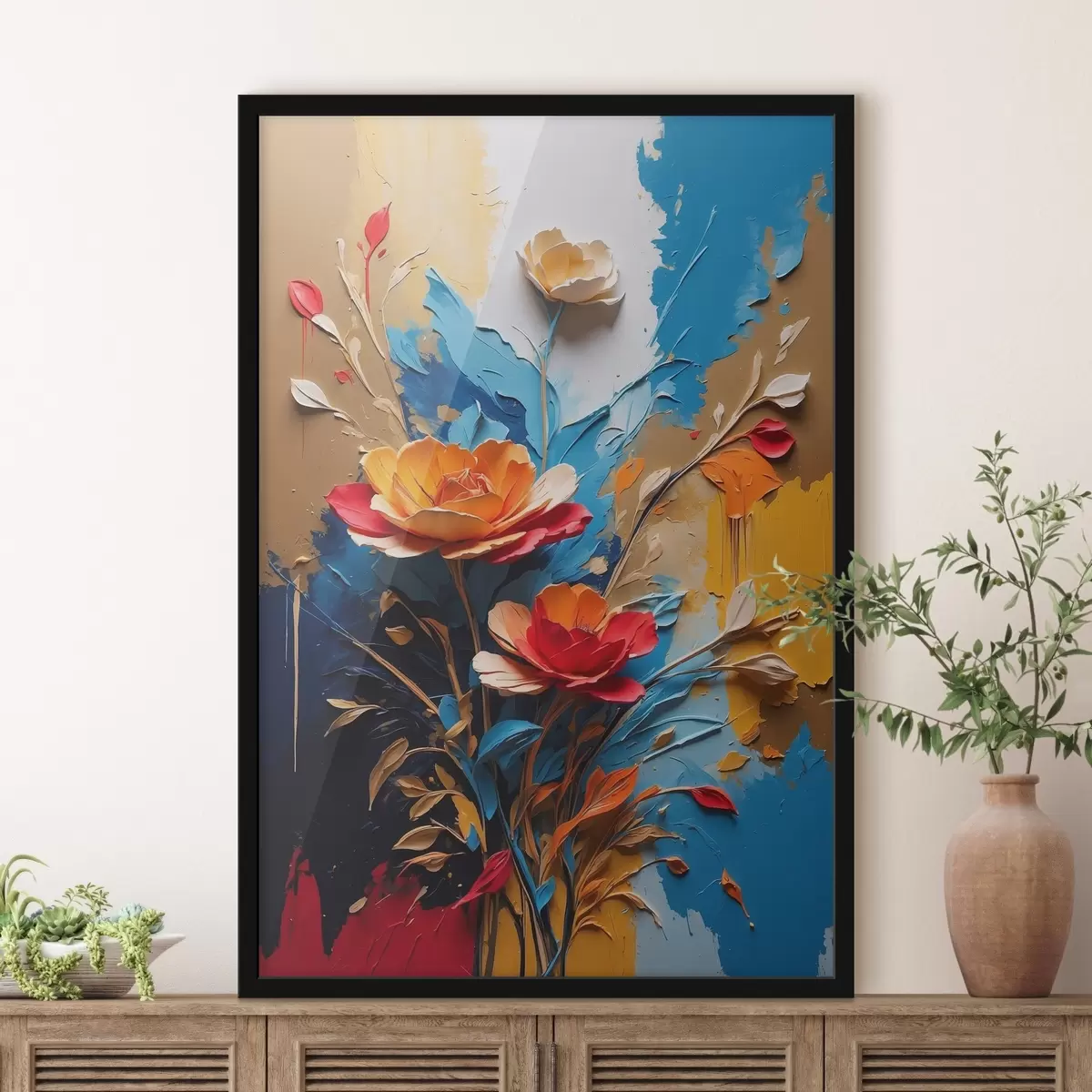 Poster Fiori su sfondo astratto multicolore in stile pittura ad olio f41769