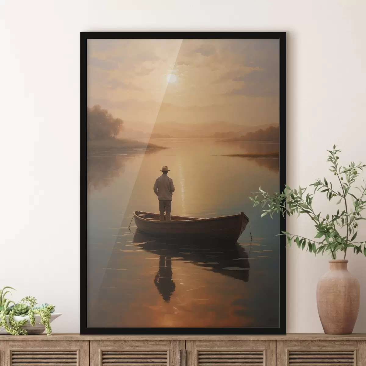 Poster Uomo in barca in mezzo a un lago f41770