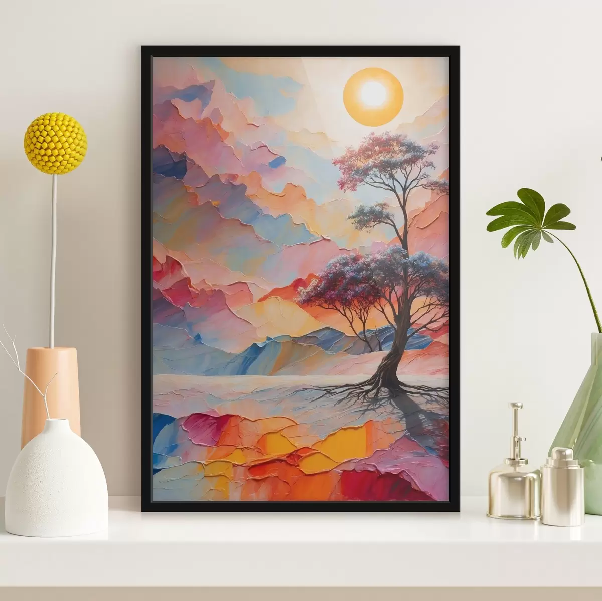 Poster Albero e sole su sfondo astratto in stile acrilico f41771