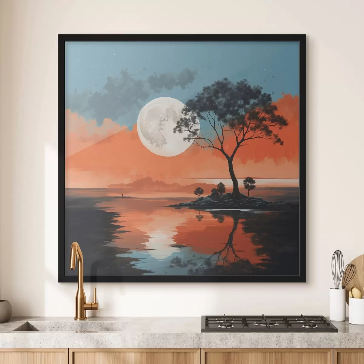 Poster Albero al centro di un lago sullo sfondo della luna f41775