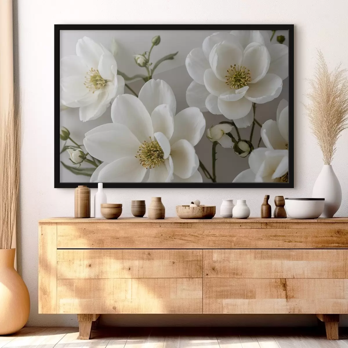 Poster Fiori e steli bianchi su sfondo chiaro f42097