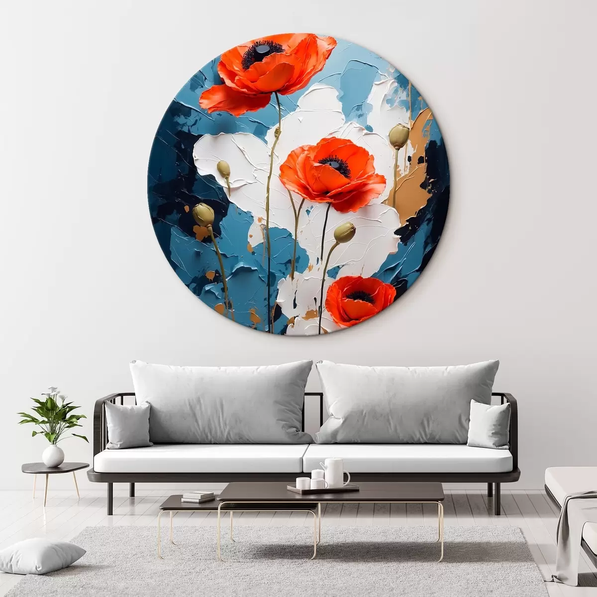 Quadri rotondi Papaveri su sfondo astratto multicolore in stile pittura ad olio r41765