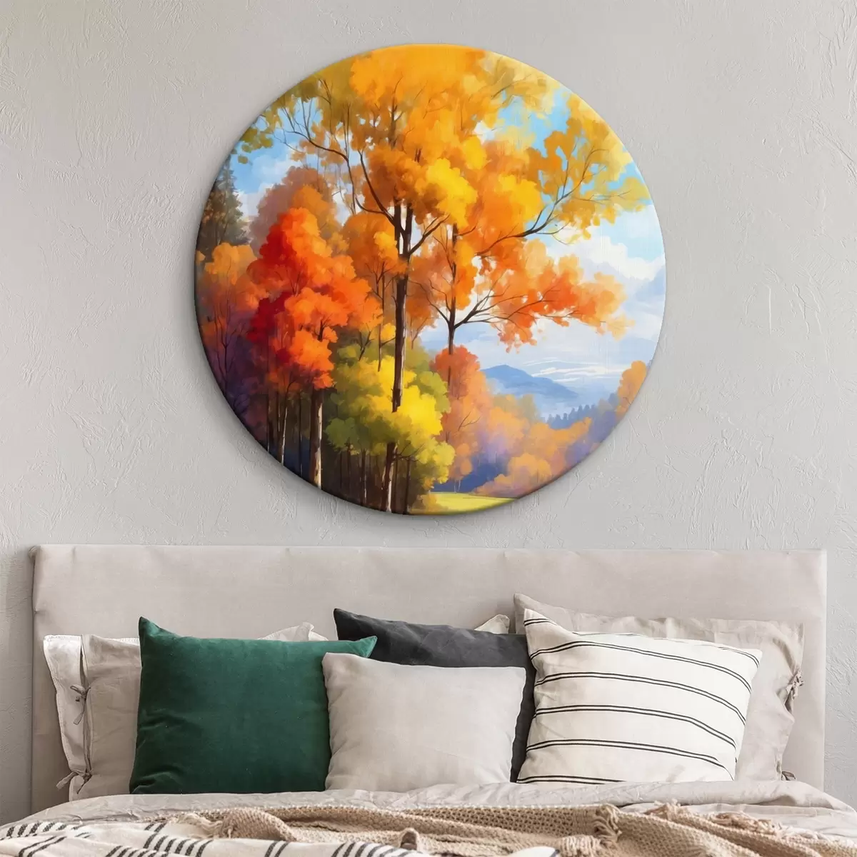 Quadri rotondi Lago e foresta autunnale in stile acrilico r41766