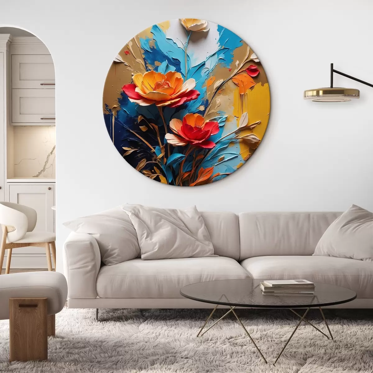 Quadri rotondi Fiori su sfondo astratto multicolore in stile pittura ad olio r41769