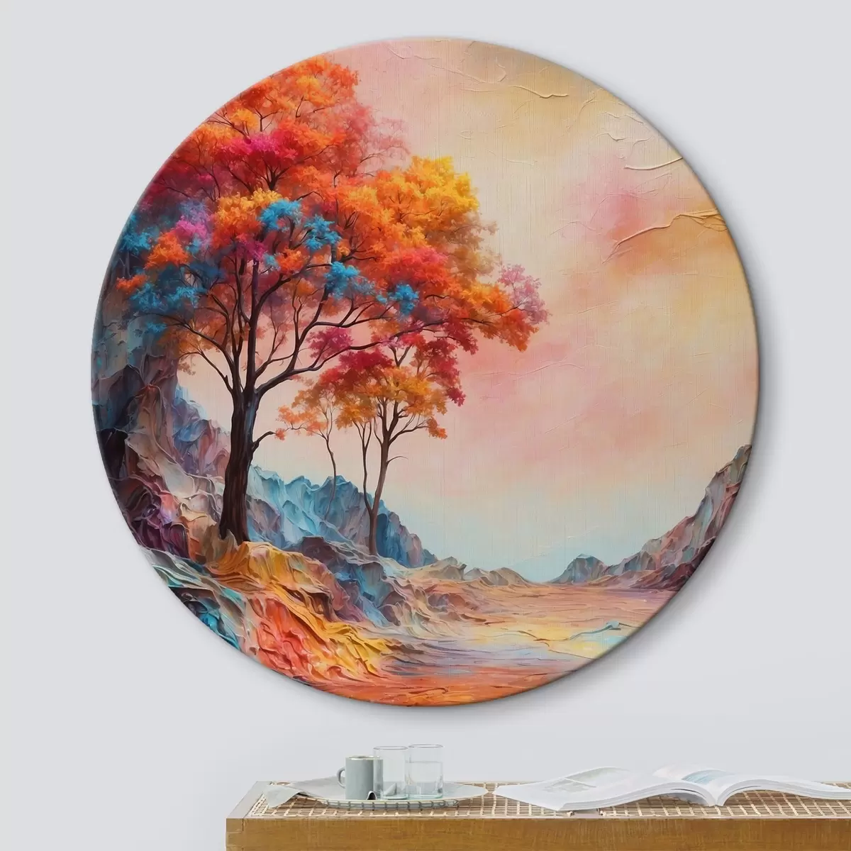 Quadri rotondi Alberi e montagne astratte multicolori r41772