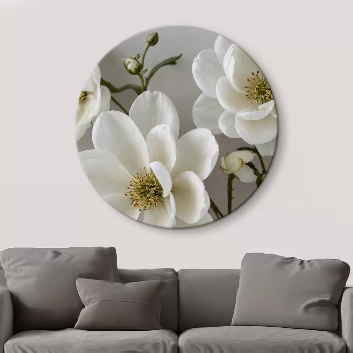 Quadri rotondi Fiori e steli bianchi su sfondo chiaro r42097