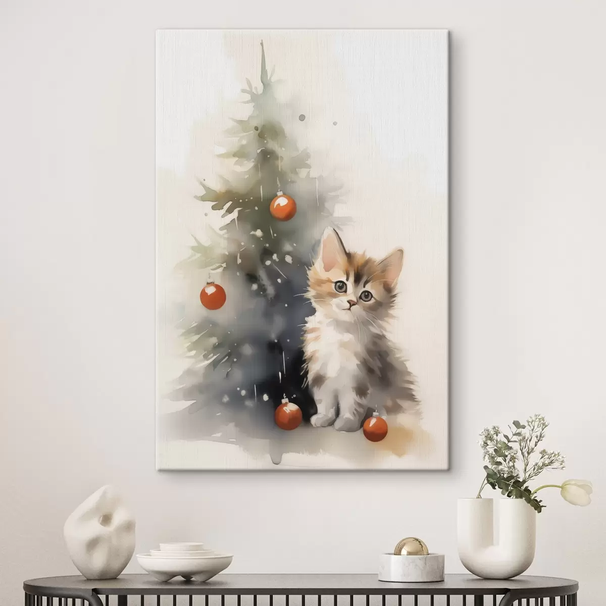 carta da parati Gattino vicino all'albero di Natale imitazione di acquerello bagnato nr. s42140