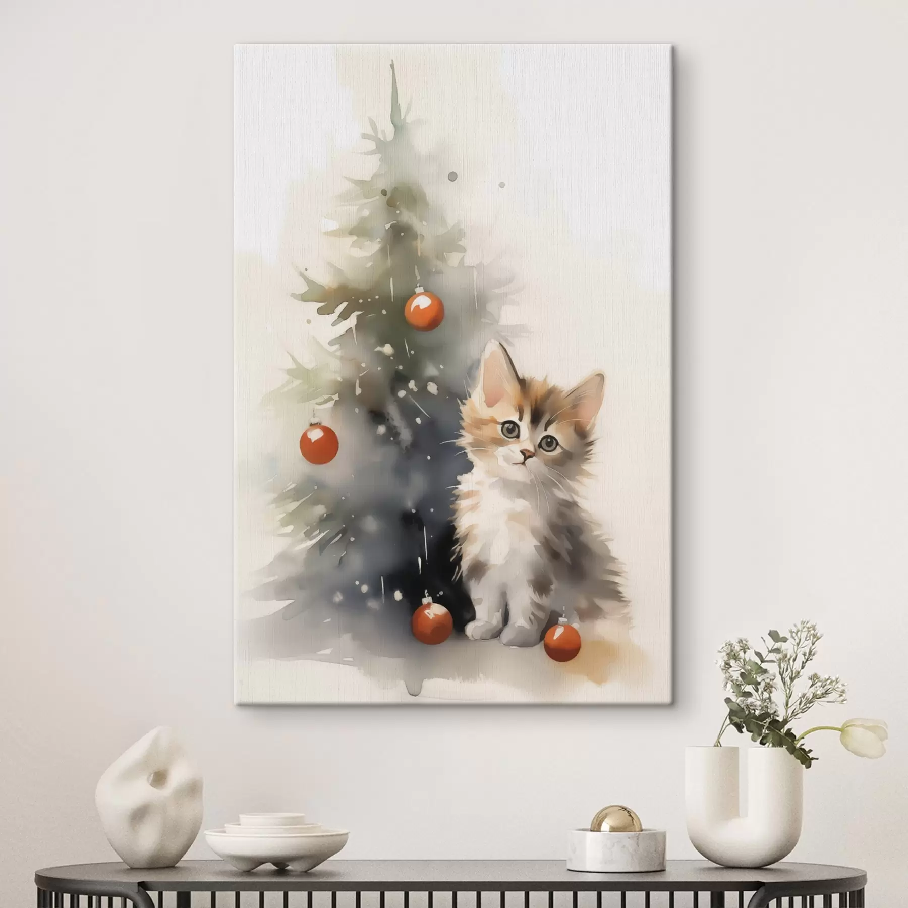 carta da parati Gattino vicino all'albero di Natale imitazione di acquerello bagnato nr. s42140