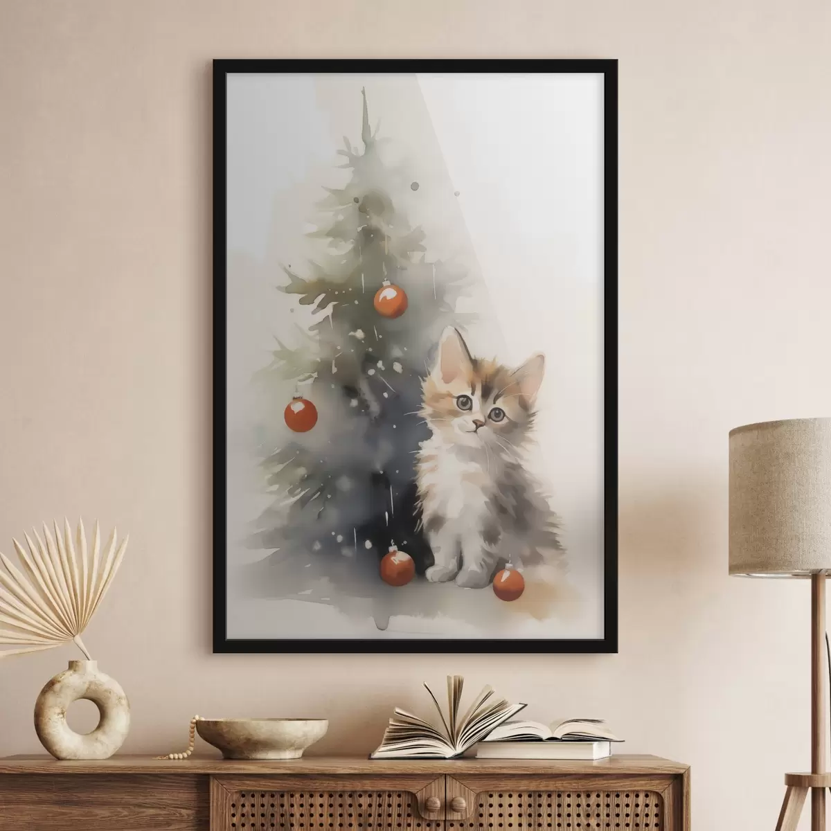 Poster Gattino vicino all'albero di Natale imitazione di acquerello bagnato f42140