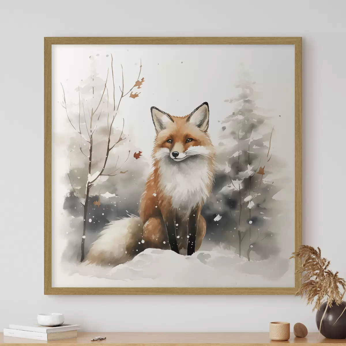 Poster Cucciolo di volpe in una foresta innevata imitazione dell'acquerello f42146
