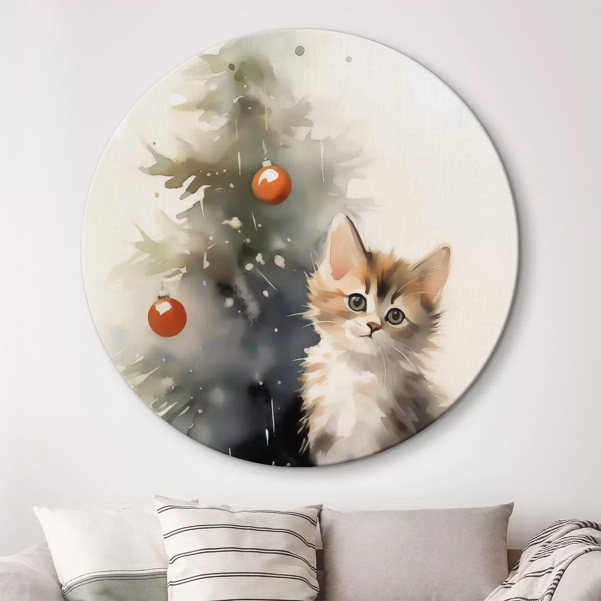 Quadri rotondi Gattino vicino all'albero di Natale imitazione di acquerello bagnato r42140