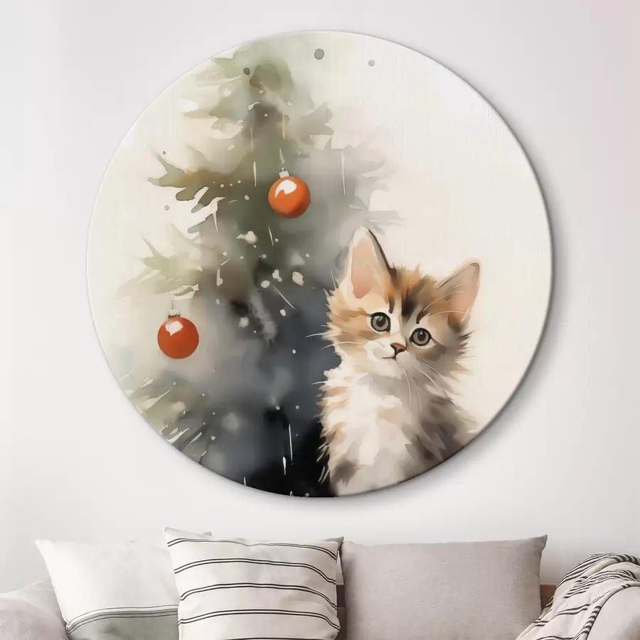 carta da parati Gattino vicino all'albero di Natale imitazione di acquerello bagnato nr. r42140