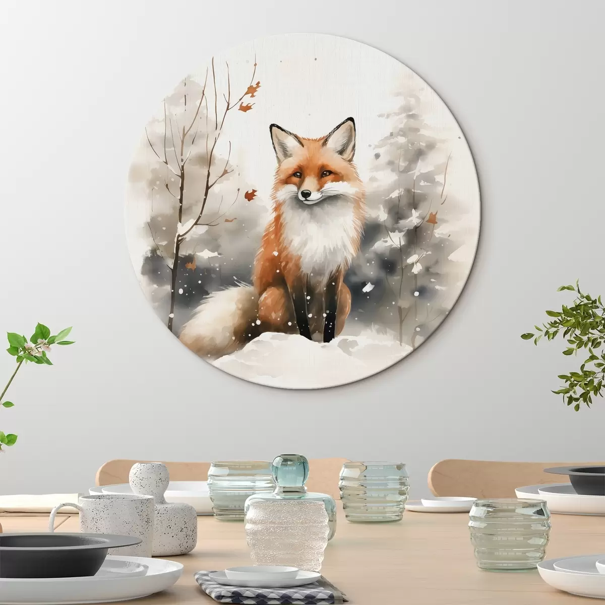 Quadri rotondi Cucciolo di volpe in una foresta innevata imitazione dell'acquerello r42146