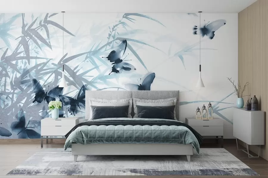 carta da parati Foglie e steli di bambù con farfalle blu volanti con ali trasparenti nr. w08524