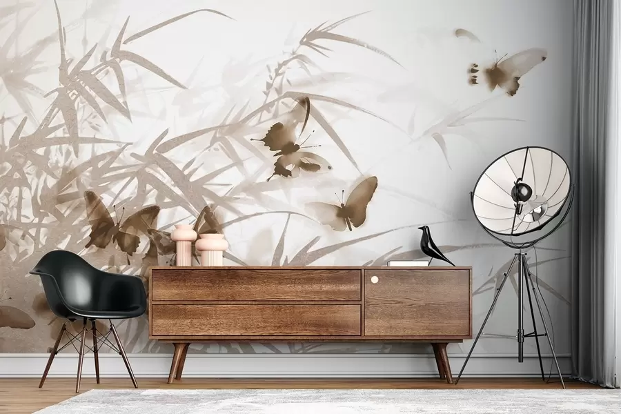 carta da parati Foglie e steli di bambù con farfalle marroni volanti con ali trasparenti nr. w08524v1