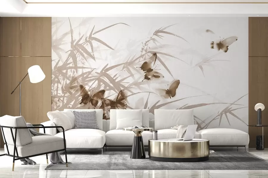 carta da parati Foglie e steli di bambù con farfalle marroni volanti con ali trasparenti nr. w08524v1