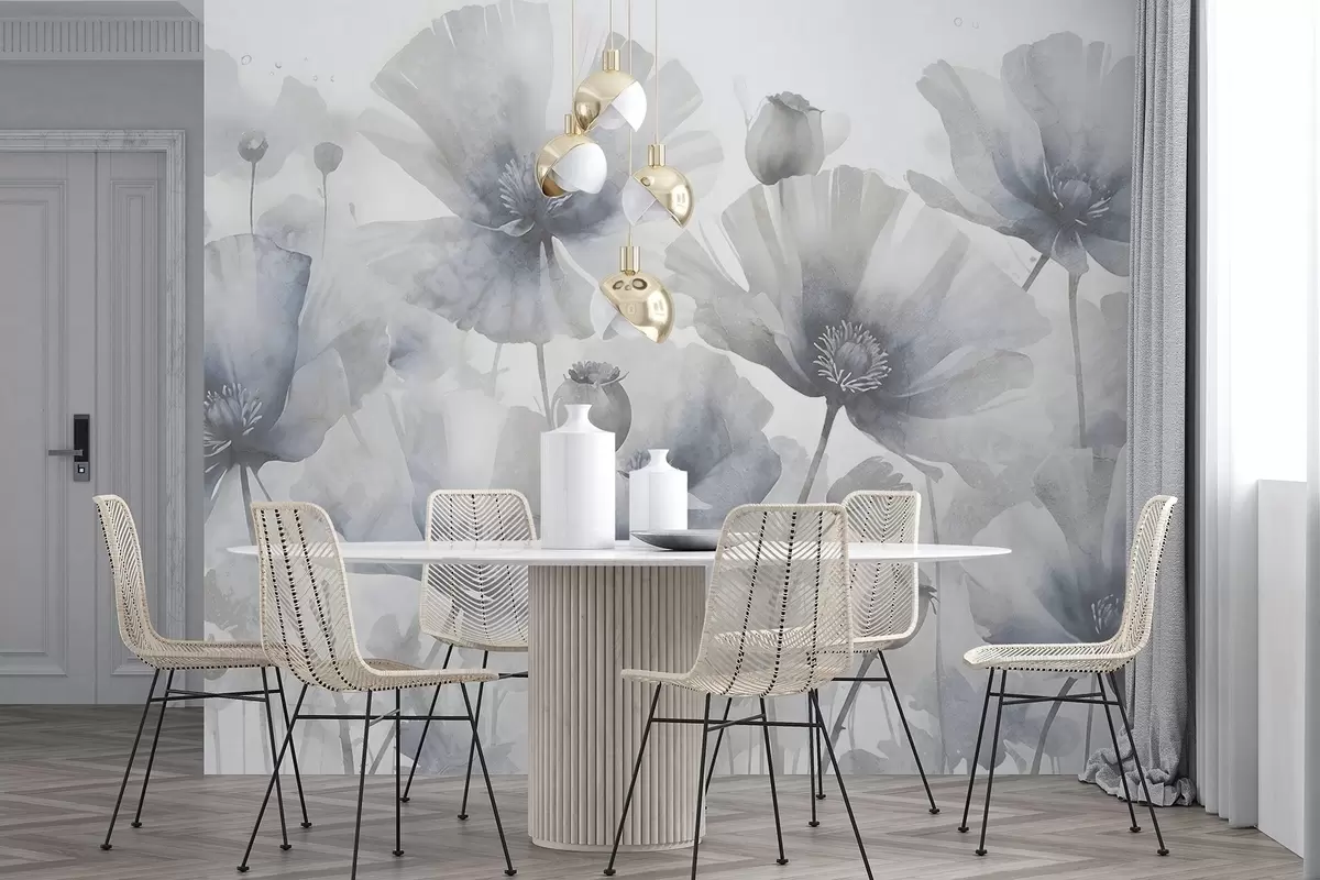 carta da parati Delicati fiori grigi e bianchi con petali morbidi e sfocati su uno sfondo bianco nr. w08526