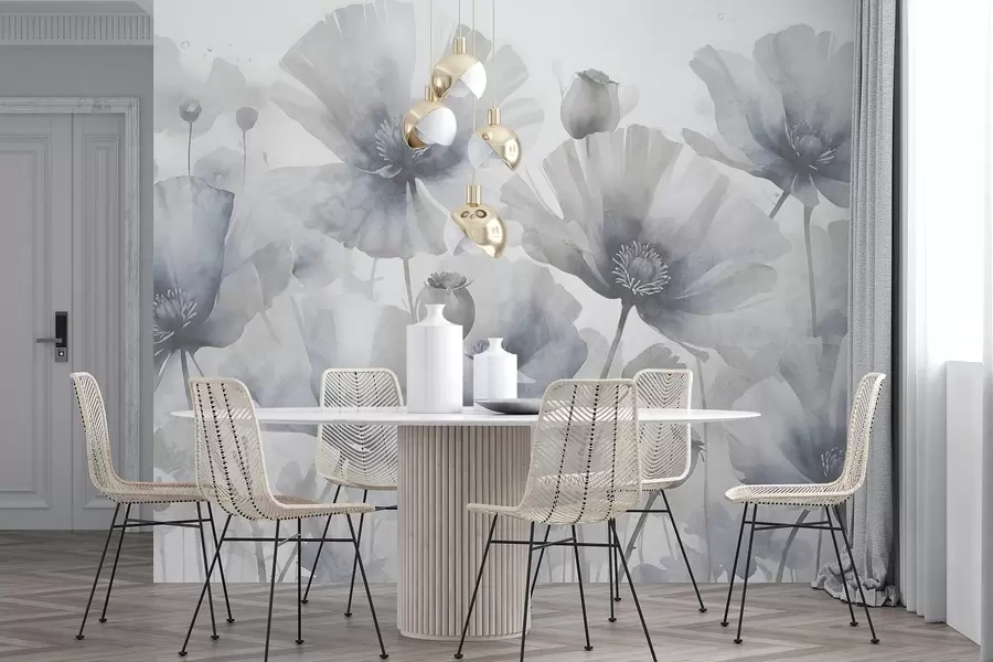 carta da parati Delicati fiori grigi e bianchi con petali morbidi e sfocati su uno sfondo bianco nr. w08526