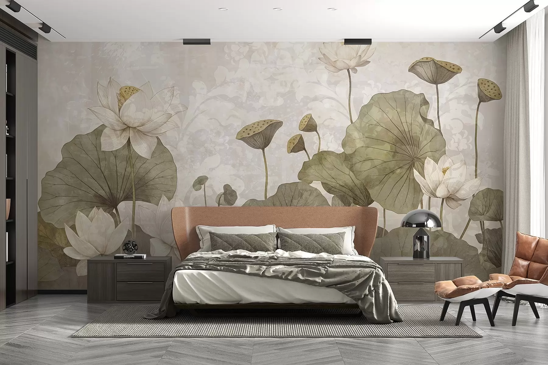 Carta da parati Floreale Un campo di fiori di loto bianchi con grandi foglie verdi su uno sfondo beige dalla texture morbida e vaporosa n. w08527
